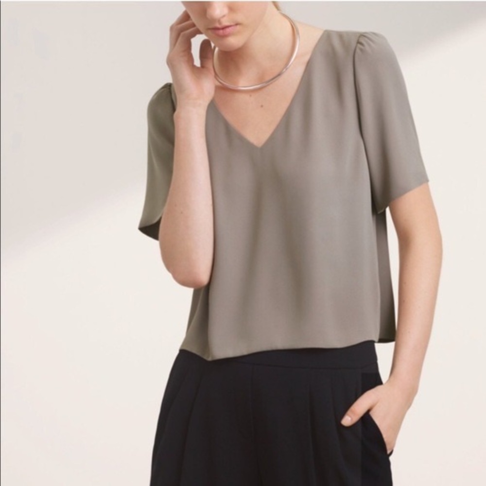 Aritzia Olive Green V-Neck Short Sleeve Blouse